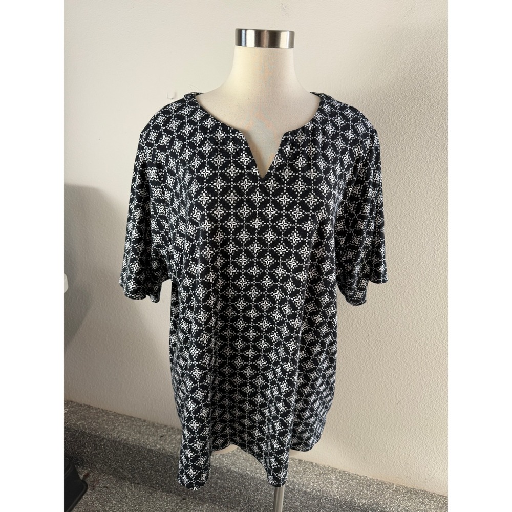 Craft & Barrow Womens Plus 2X Black White Geometric Short Sleeve Top T Shirt